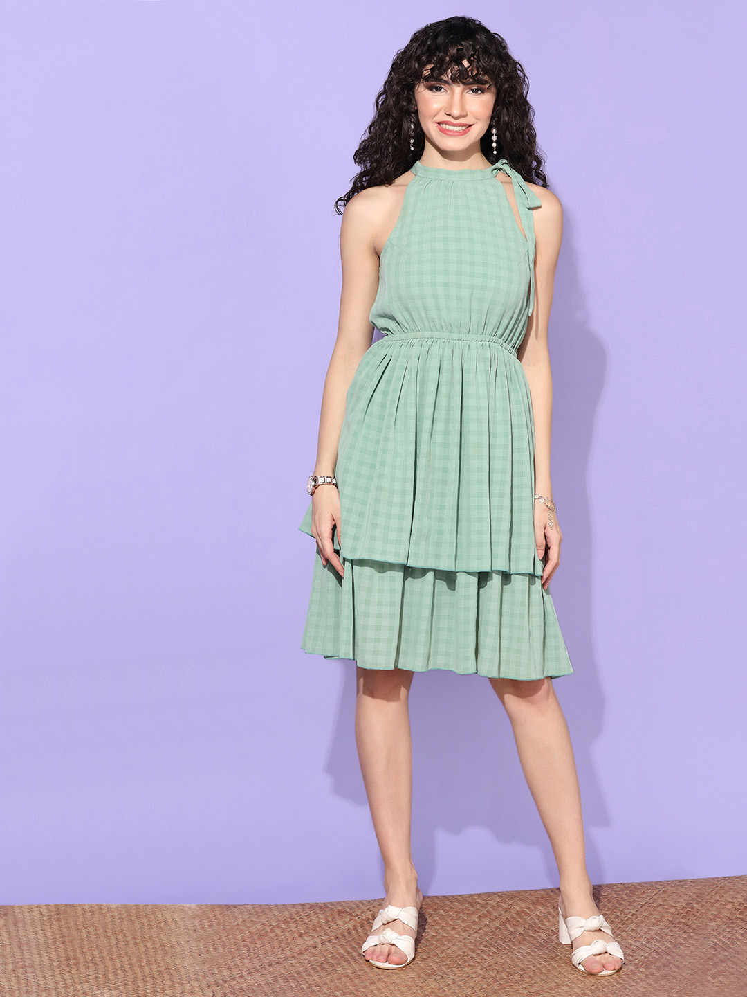 

FASHION DREAM Checked Layered Tie-Up Neck Fit & Flare Dress, Green
