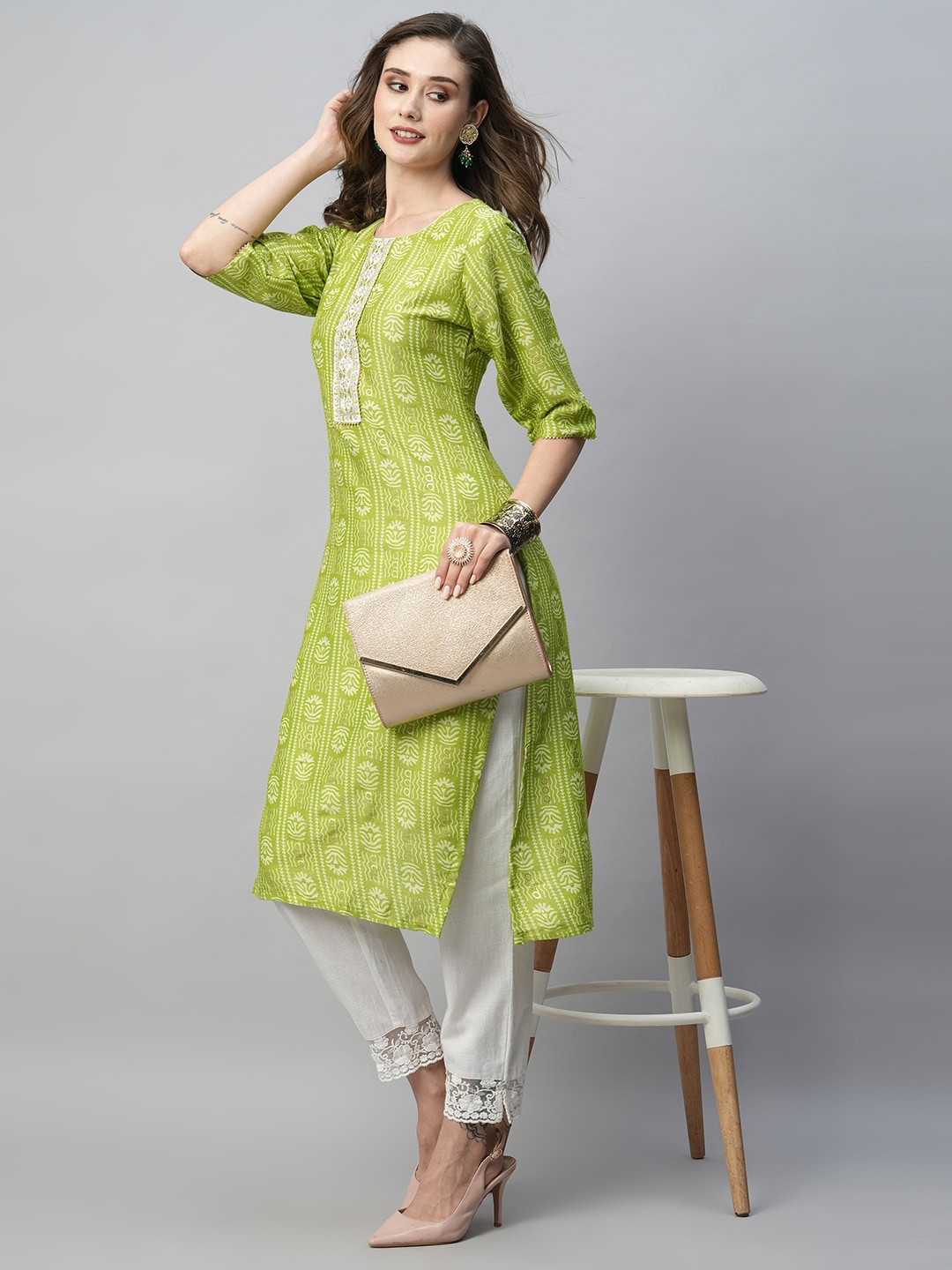 

Kiana House Of Fashion Ethnic Motif Printed Three-Quarter Sleeves Gotta Patti Kurta, Green