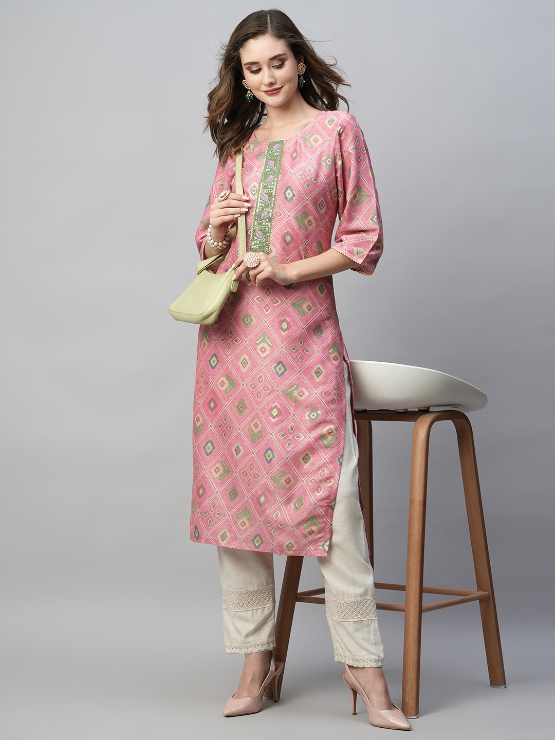 

Kiana Ethnic Motif Printed Three-Quarter Sleeves Gotta Patti Kurta, Pink