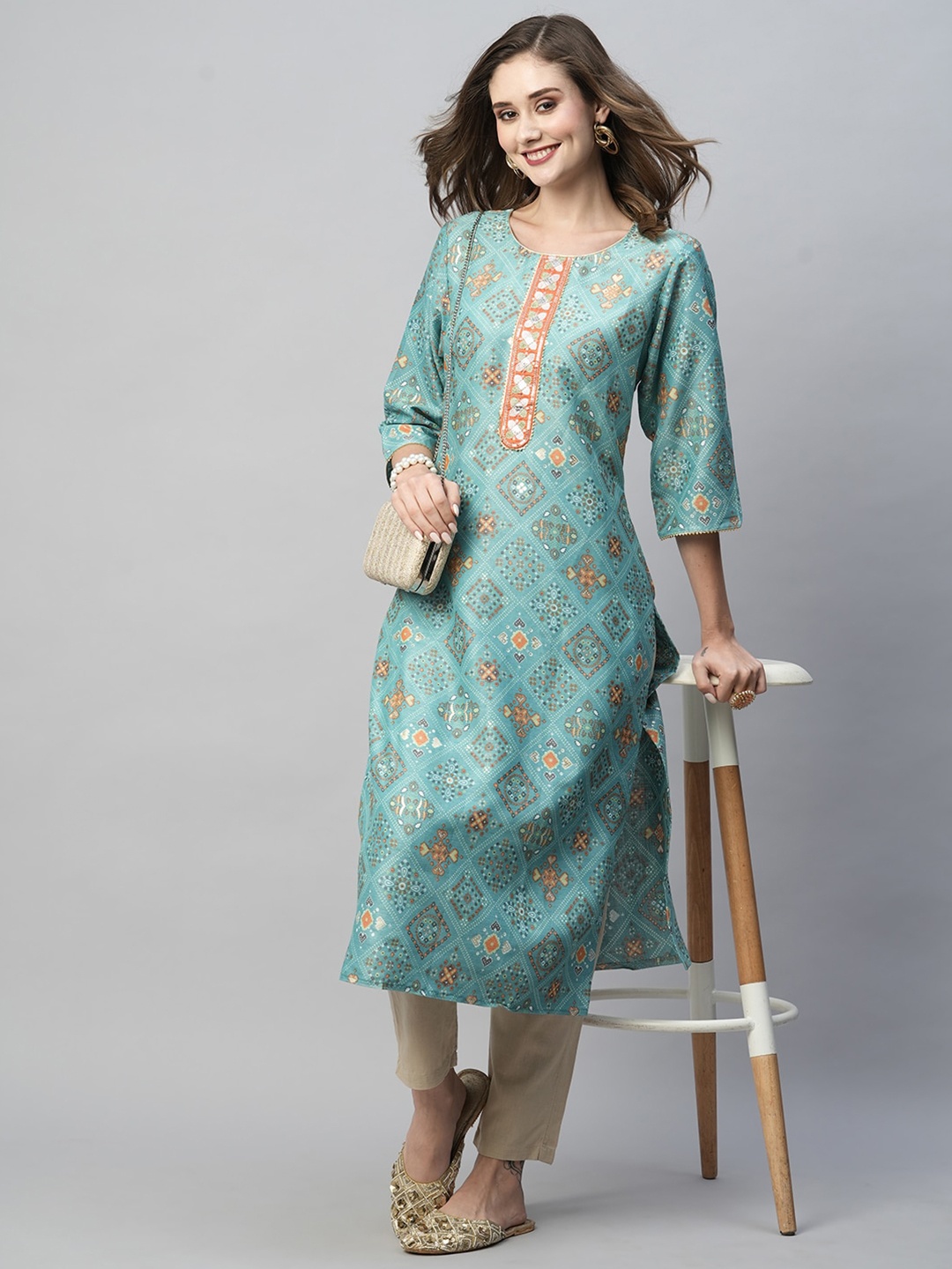 

Kiana House Of Fashion Ethnic Motifs Printed Thread Work Detail Straight Kurta, Blue