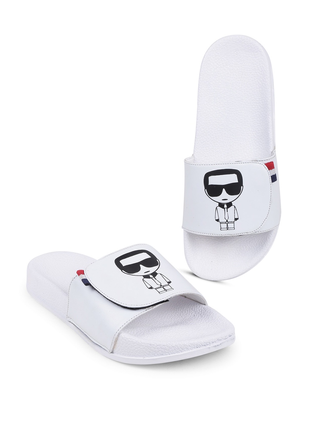 

PERY PAO Men Printed Rubber Sliders With Velcro Closure, White