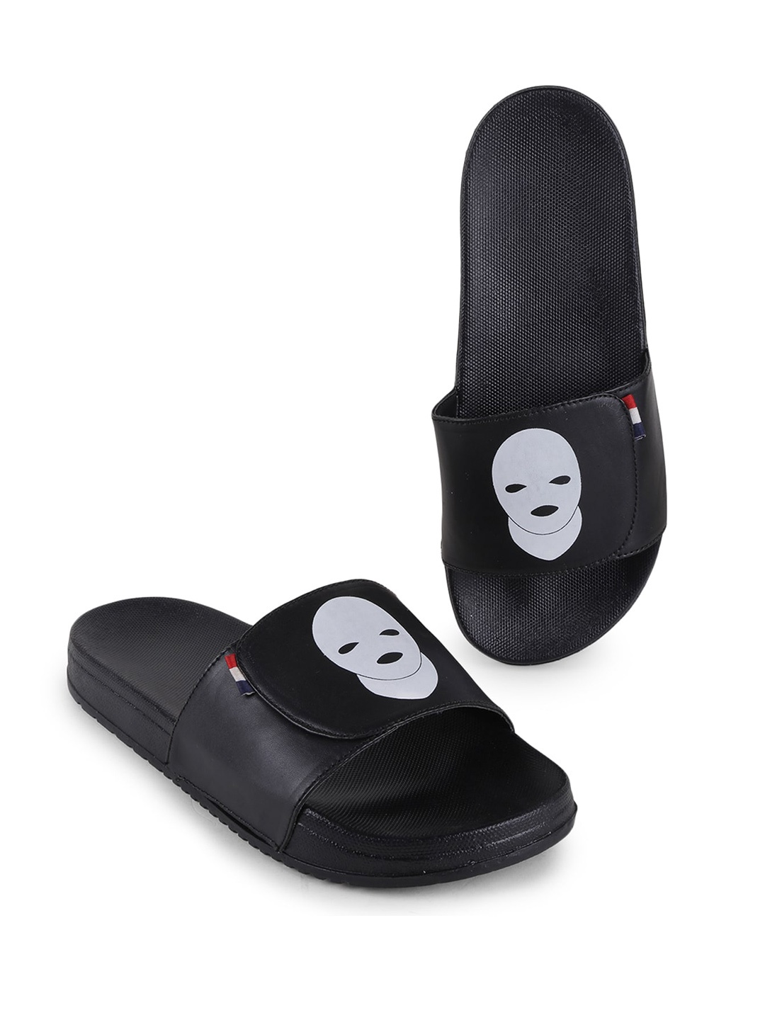 

PERY PAO Men Printed Rubber Sliders With Velcro Closure, Black