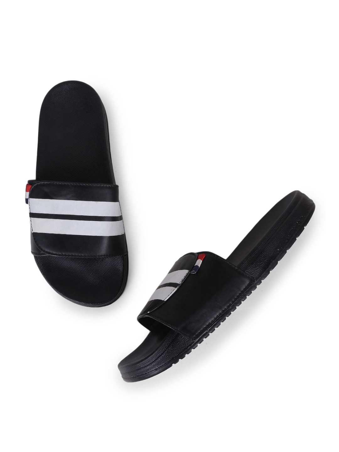 

PERY PAO Men Striped Rubber Sliders With Velcro Closure, Black