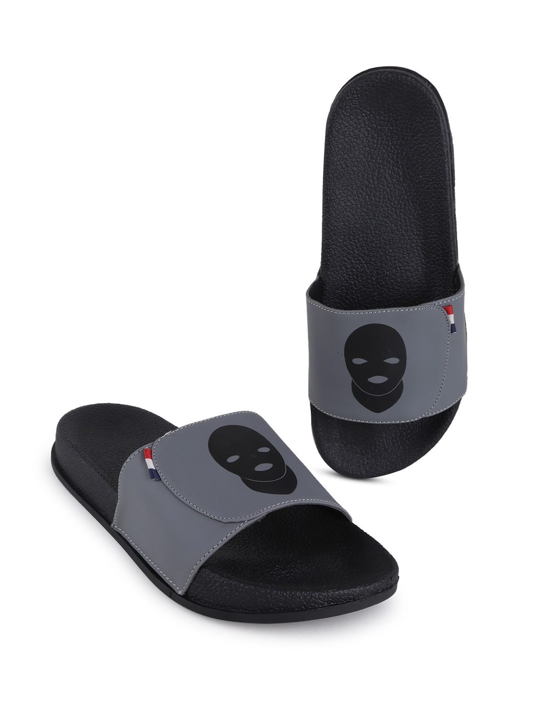 

PERY PAO Men Printed Rubber Sliders With Velcro Closure, Grey