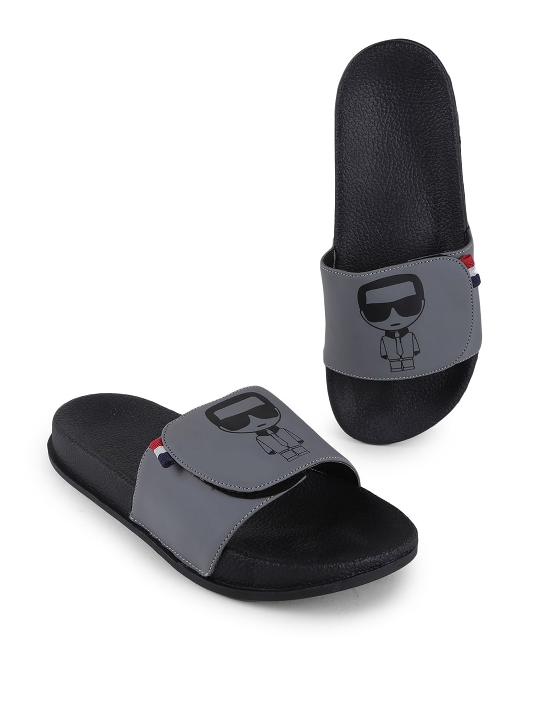 

PERY PAO Men Printed Rubber Sliders With Velcro Closure, Grey