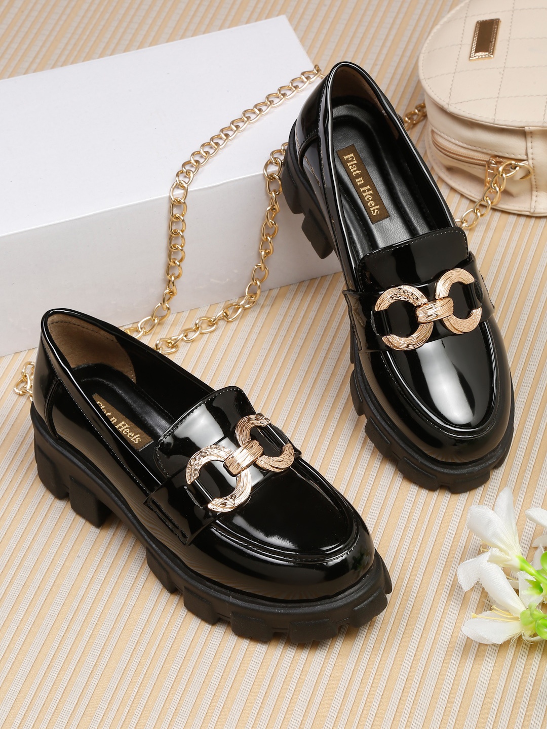 

Flat n Heels Women Embellished Flatform Heel Comfort Insole Horsebit Loafers, Black