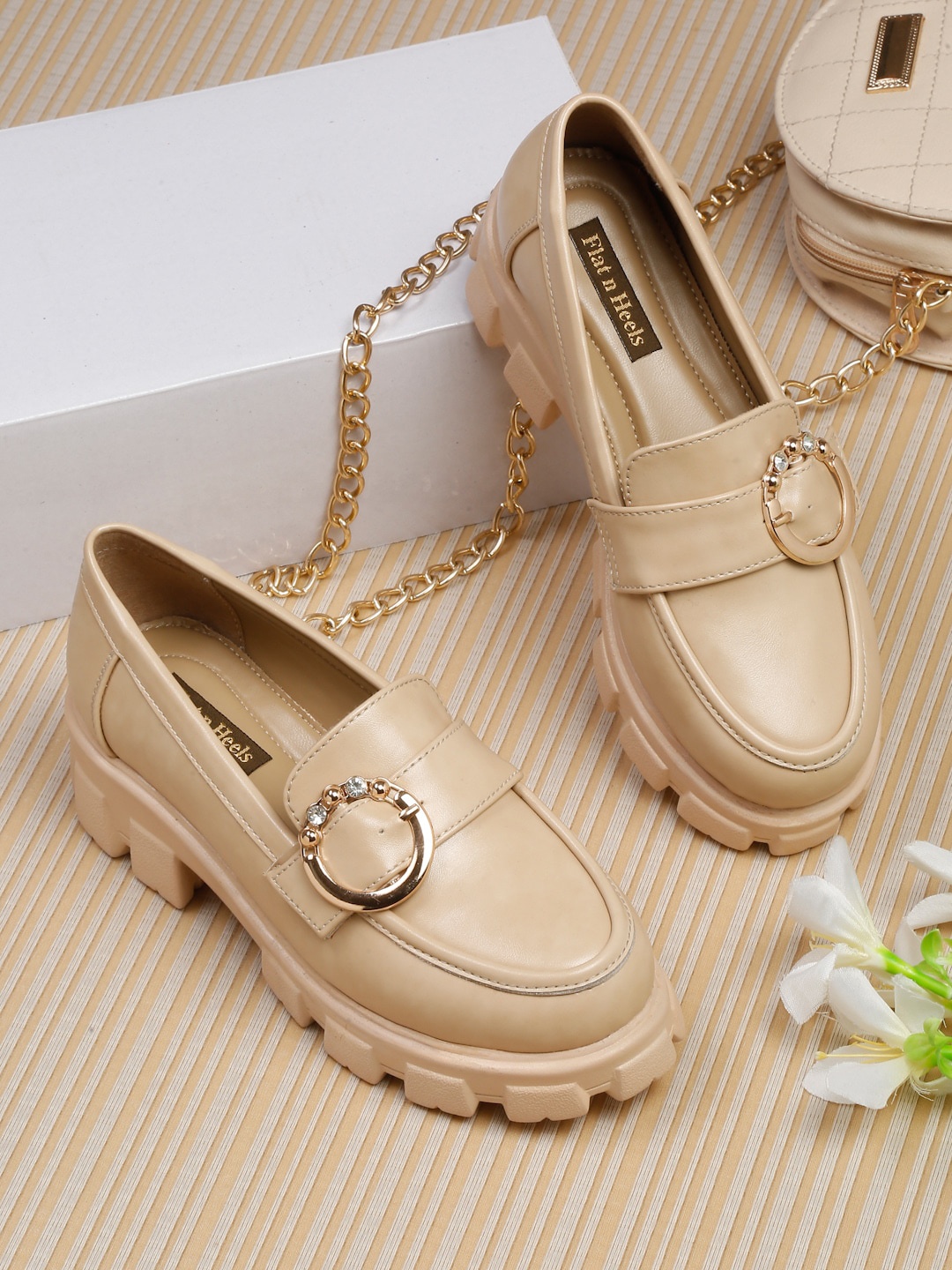

Flat n Heels Women Embellished Flatform Heel Comfort Insole Horsebit Loafers, Beige