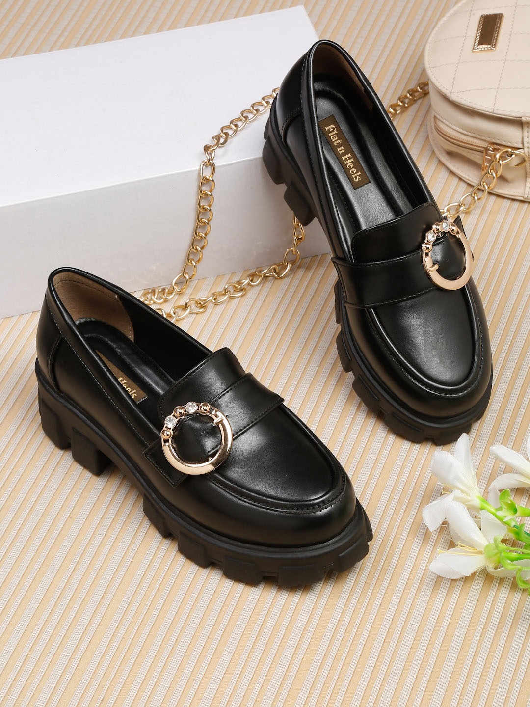 

Flat n Heels Women Embellished Flatform Heel Comfort Insole Horsebit Loafers, Black