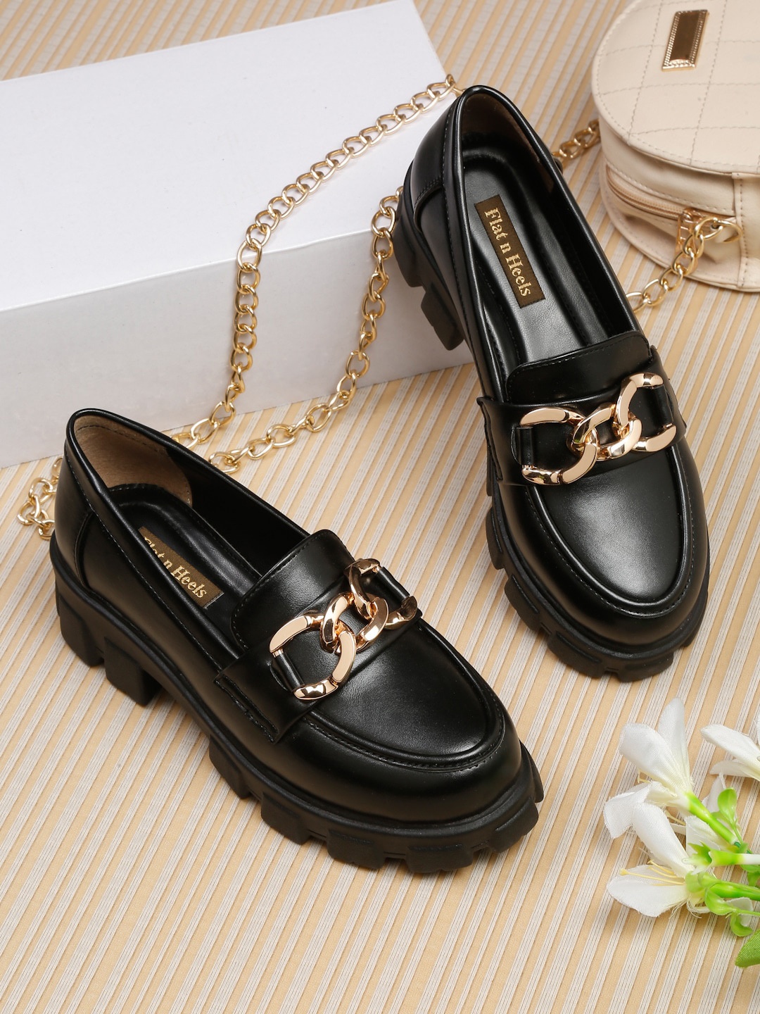 

Flat n Heels Women Embellished Flatform Heel Comfort Insole Horsebit Loafers, Black
