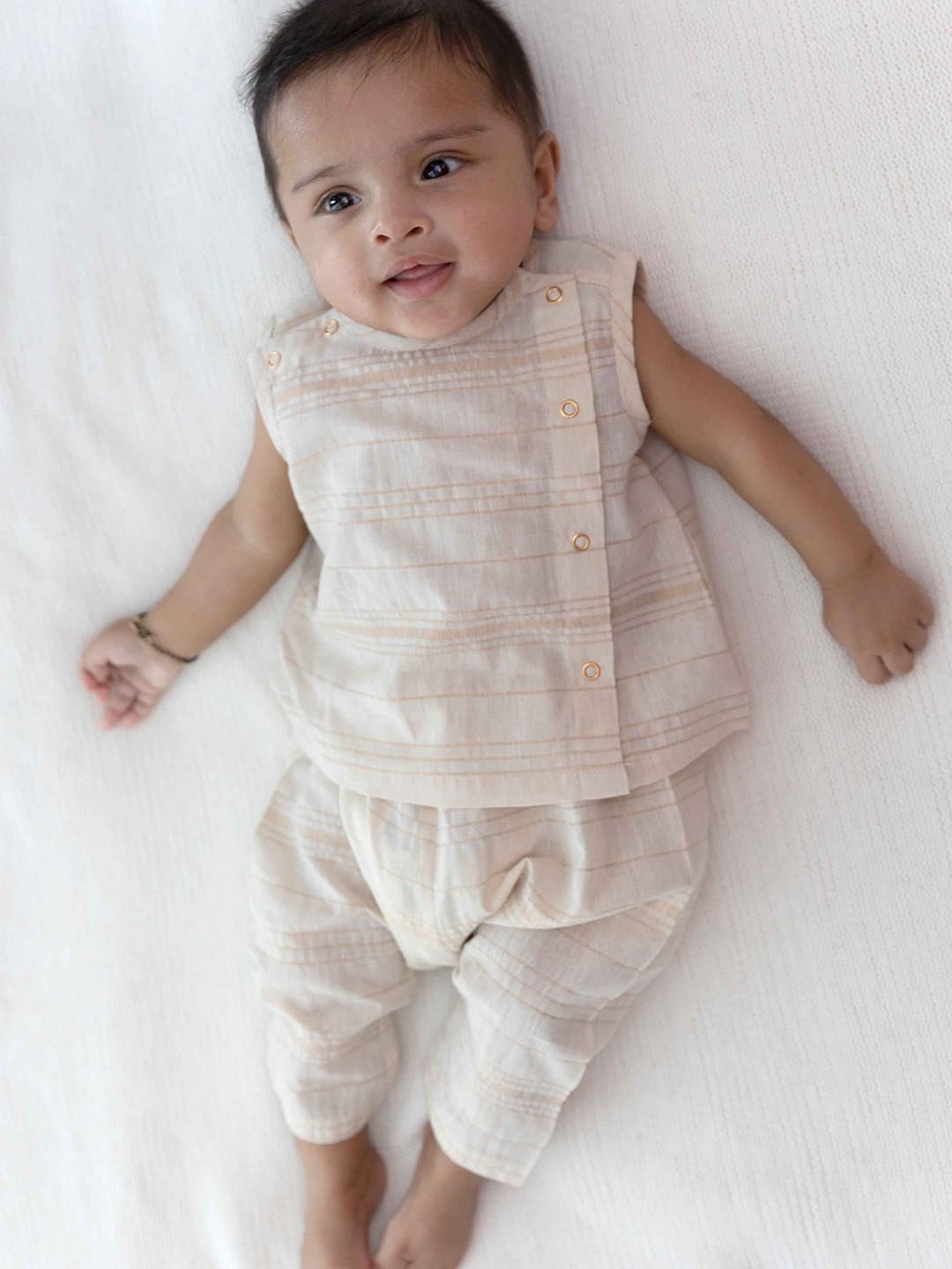 

Tiber Taber Infant Boys Striped Regular Pure Cotton Top With Pyjamas, Cream