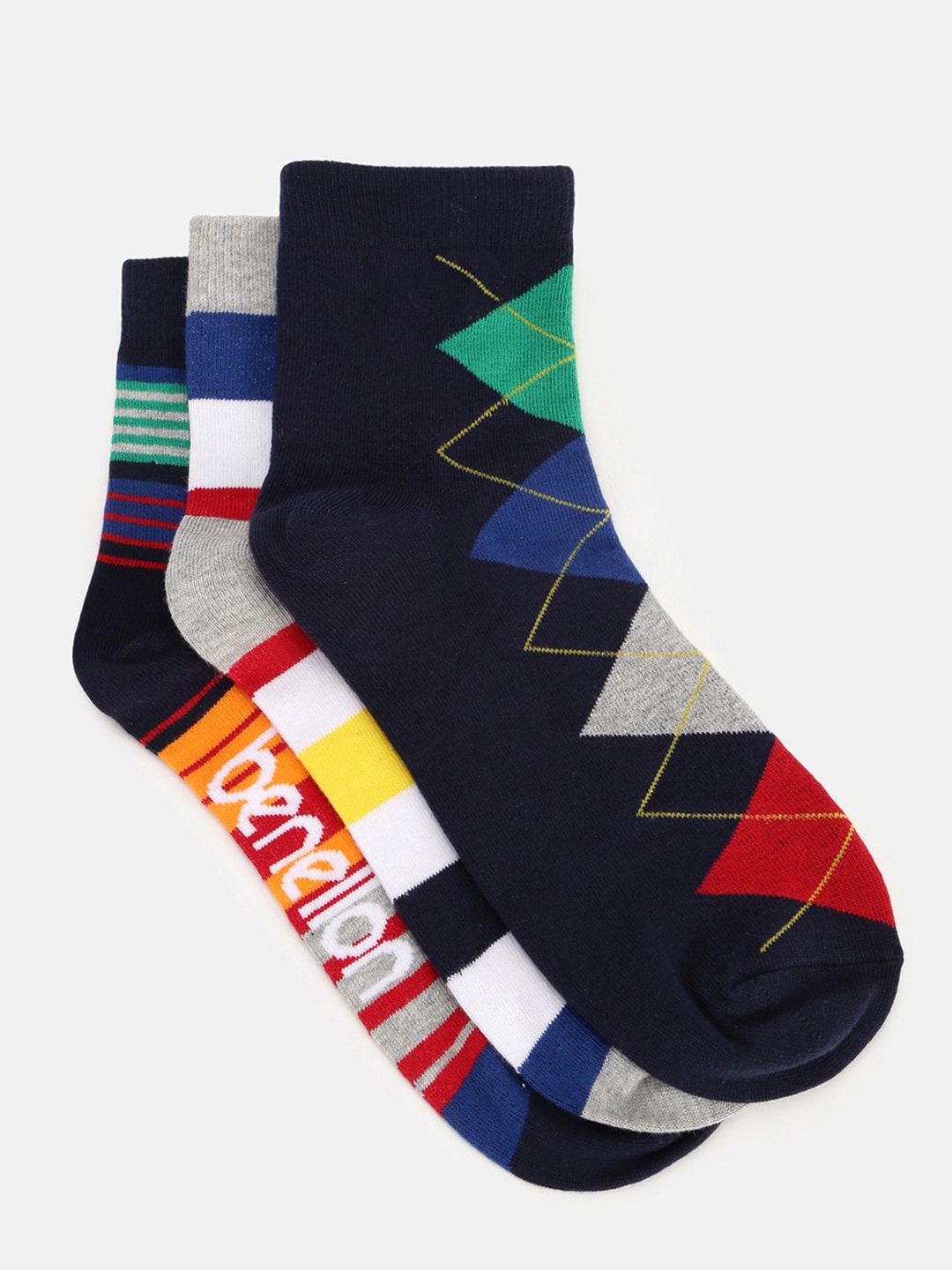 

United Colors of Benetton Men Pack Of 3 Striped Patterned Above Ankle-length Socks, Blue