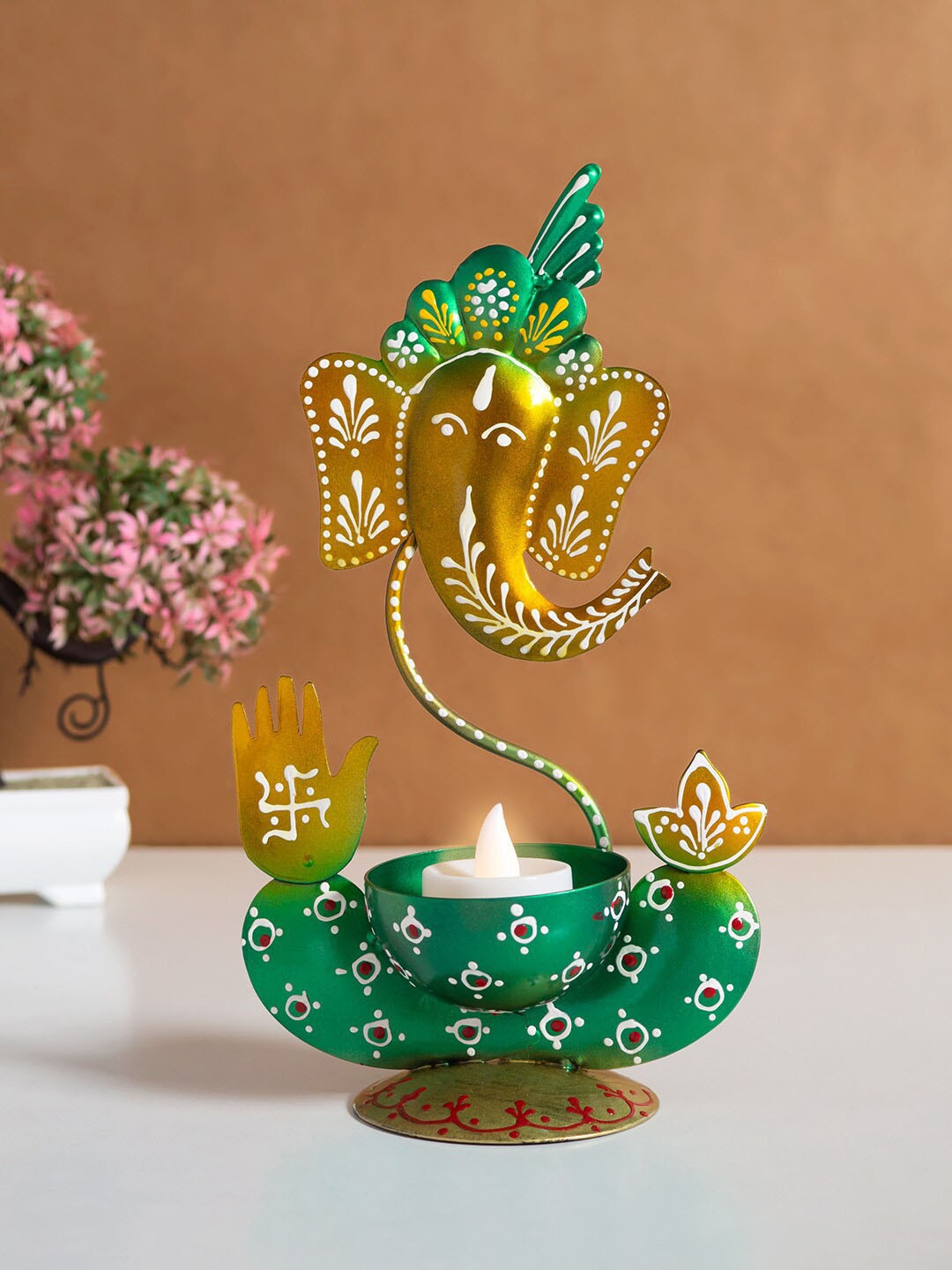 

Golden Peacock Green & White Ganesha Showpiece