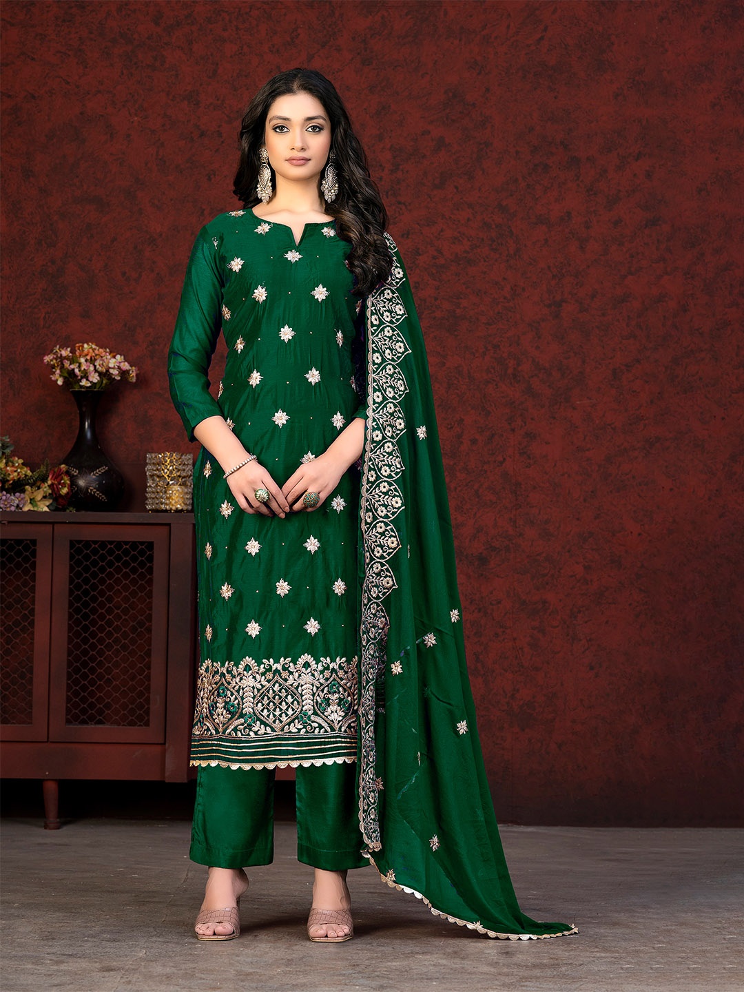

KALINI Embroidered Unstitched Dress Material, Green