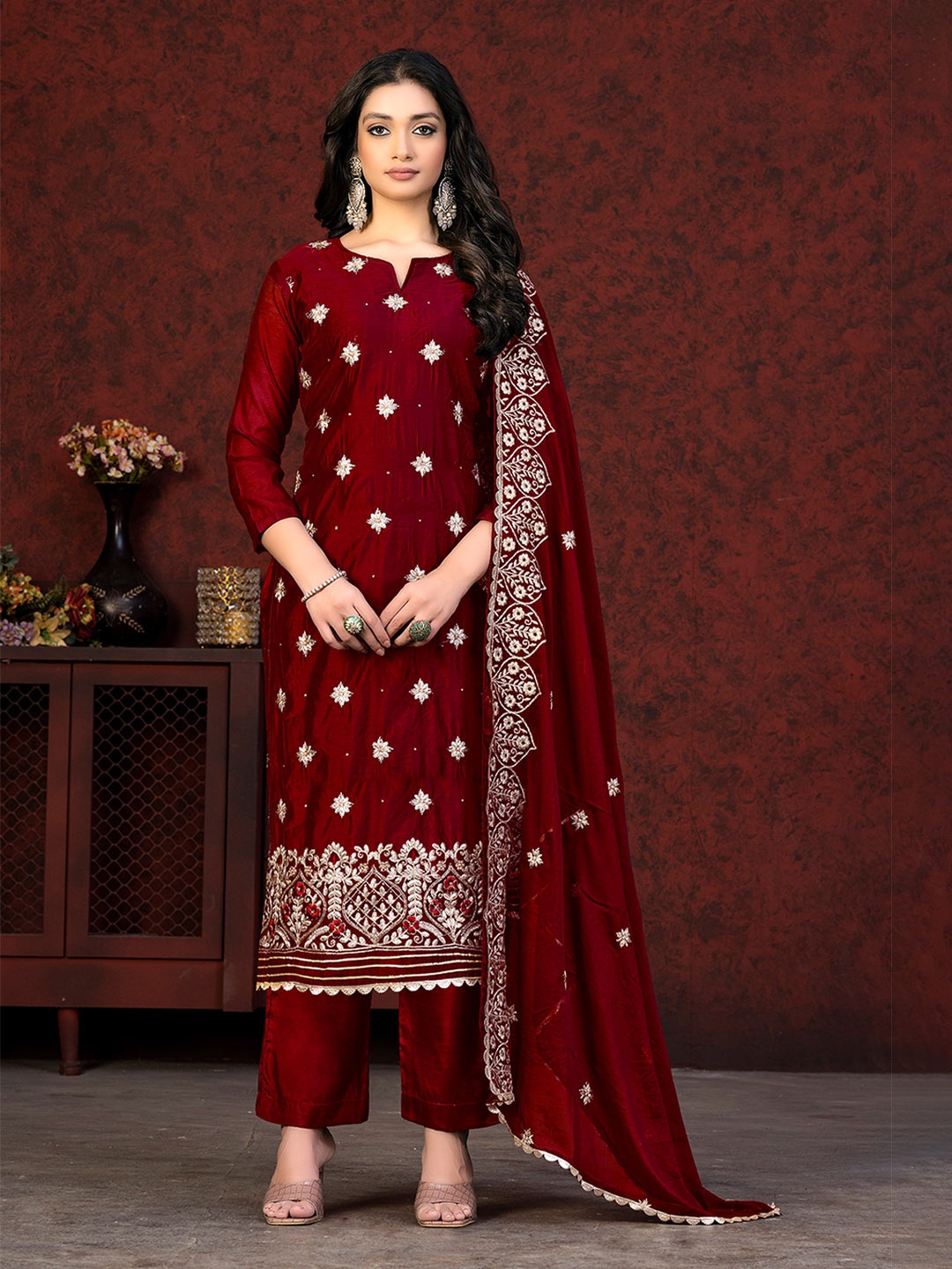 

KALINI Embroidered Unstitched Dress Material, Maroon