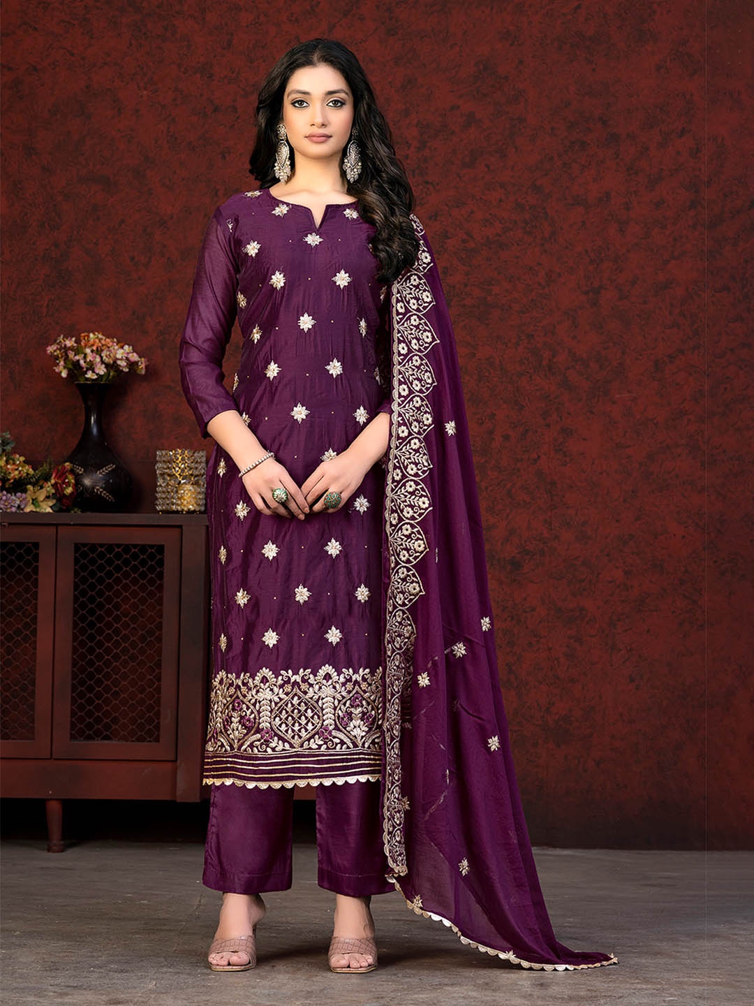

KALINI Embroidered Unstitched Dress Material, Burgundy
