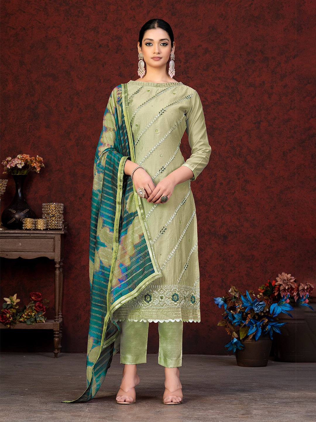 

KALINI Embroidered Unstitched Dress Material, Olive
