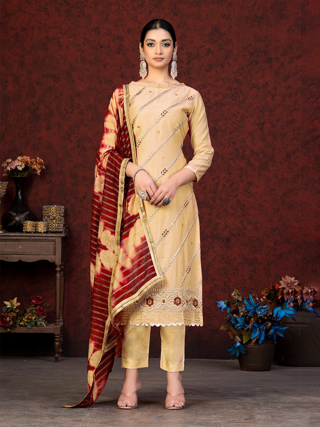 

KALINI Ethnic Motifs Embroidered Unstitched Dress Material, Beige