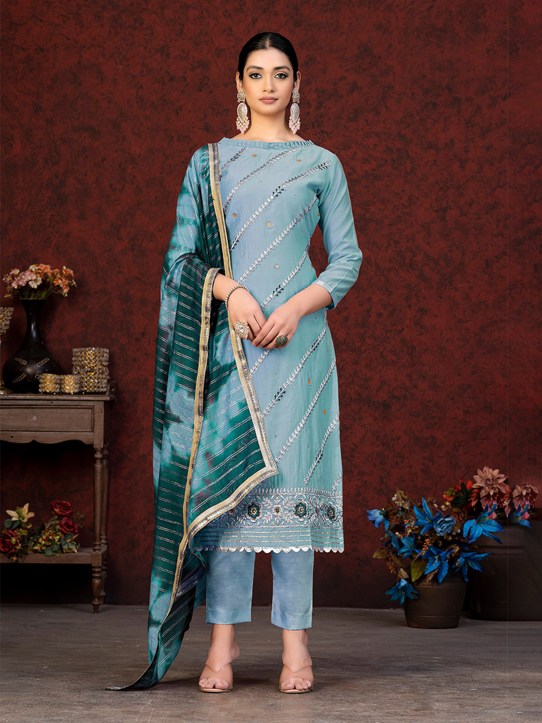 

KALINI Floral Embroidered Gotta Patti Unstitched Dress Material, Blue