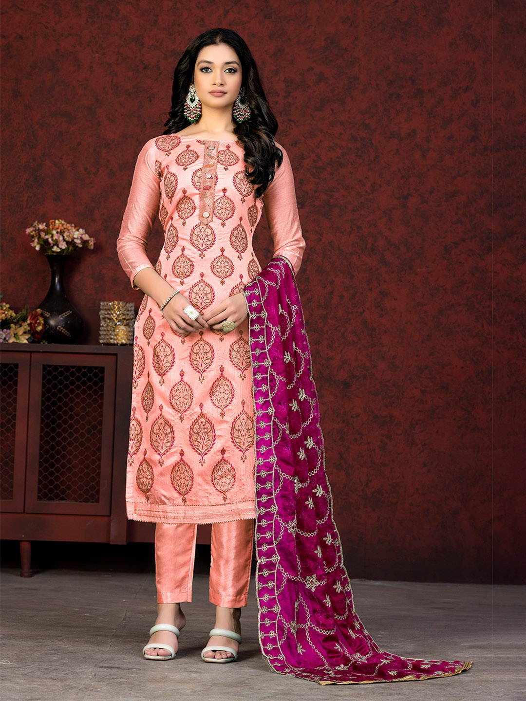 

KALINI Floral Printed Unstitched Dress Material, Peach