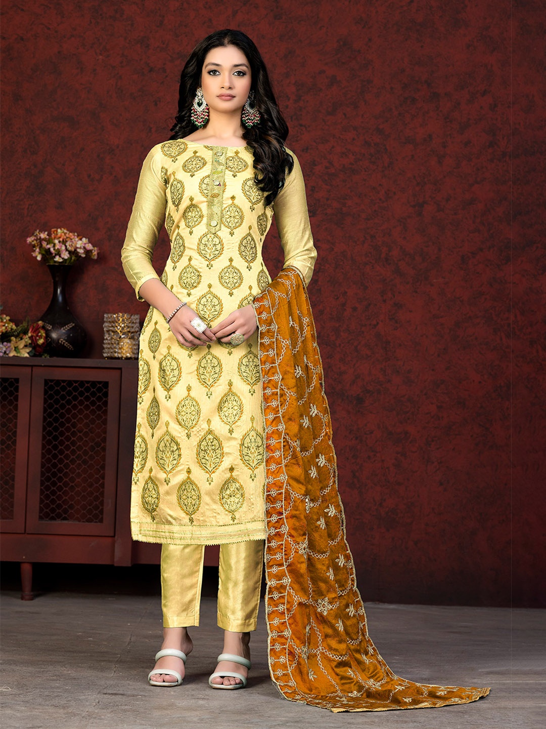 

KALINI Ethnic Motifs Printed Unstitched Dress Material, Yellow