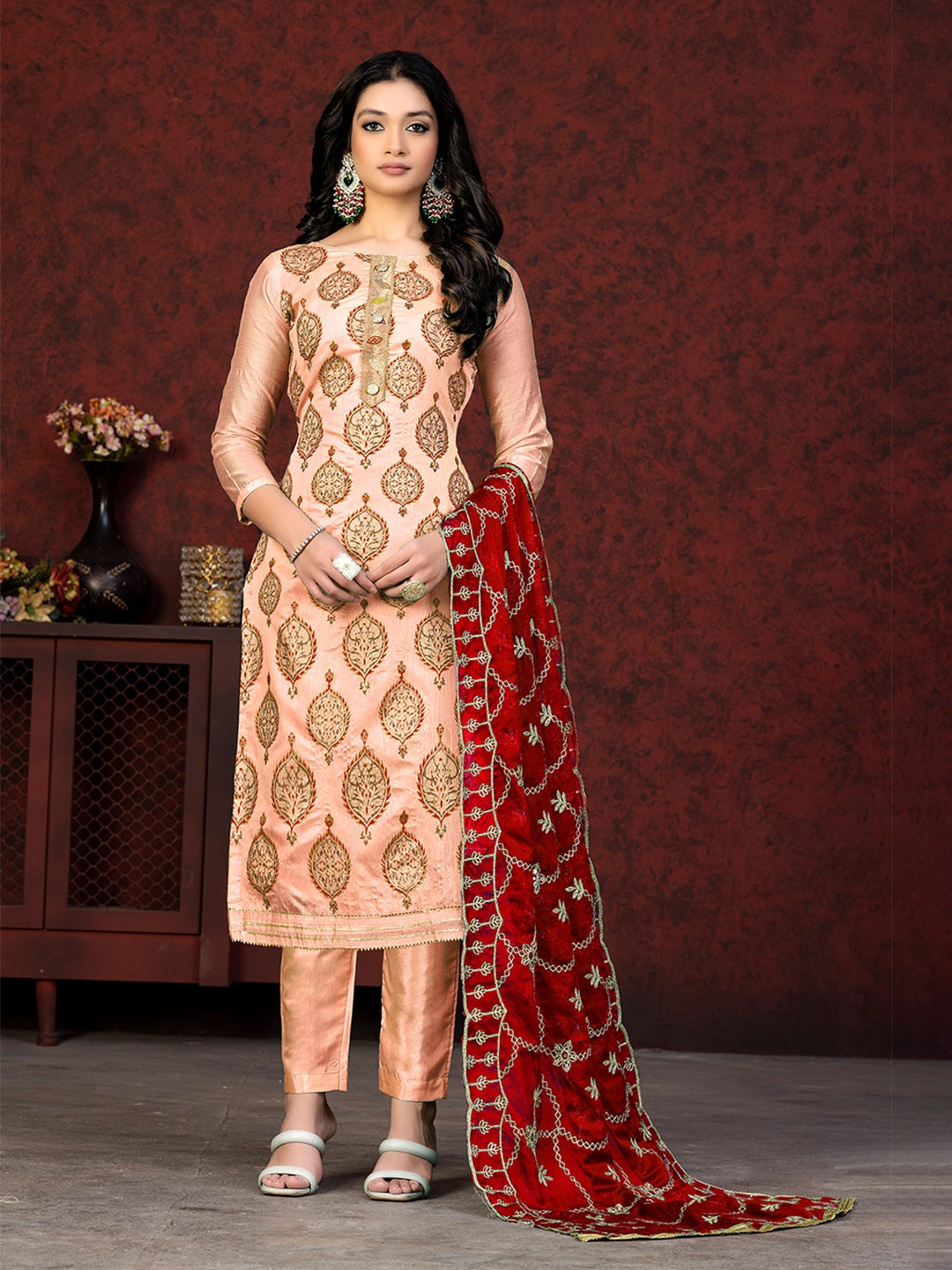 

KALINI Ethnic Motifs Printed Unstitched Dress Material, Peach