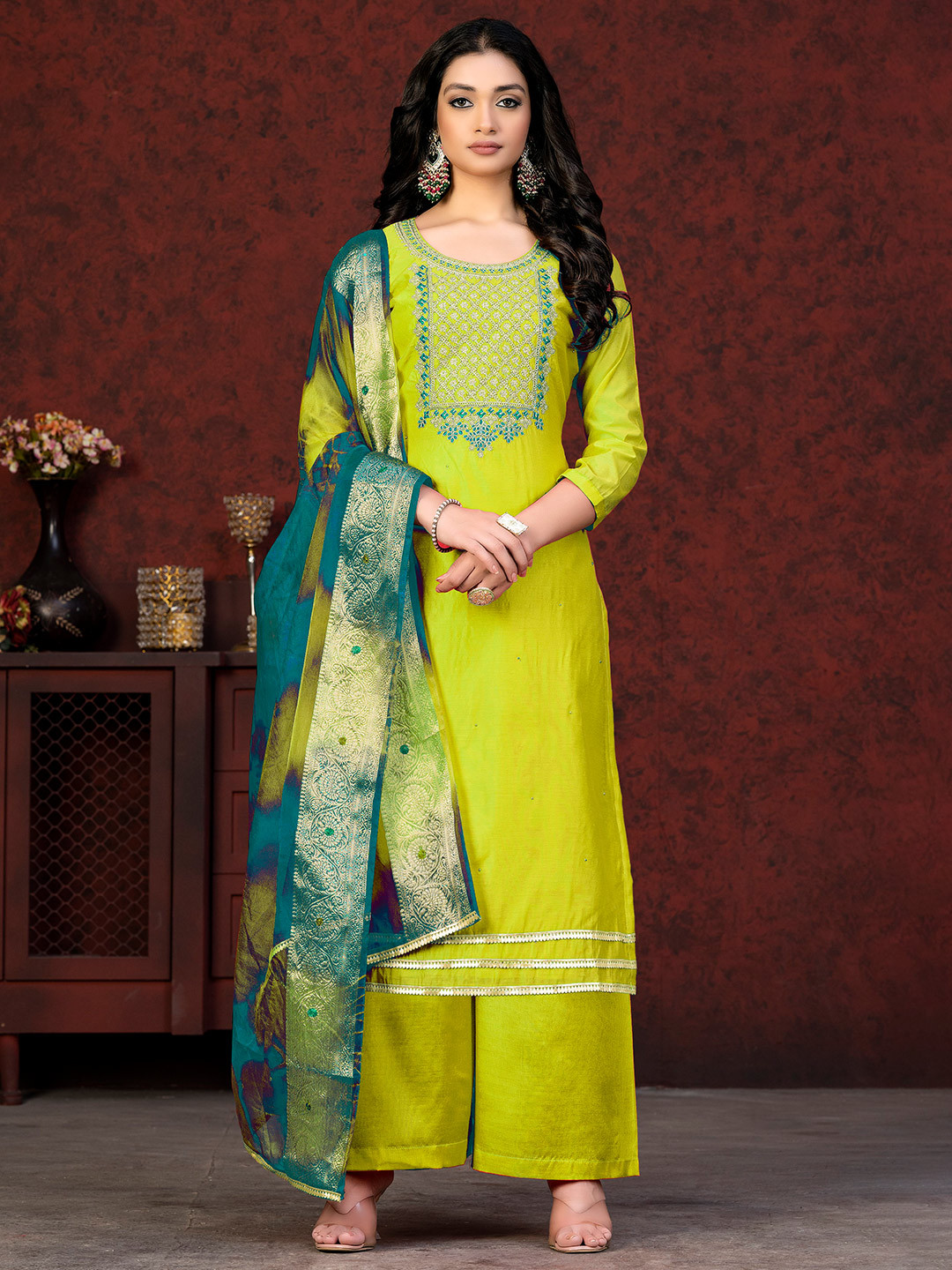 

KALINI Embroidered Unstitched Dress Material, Yellow