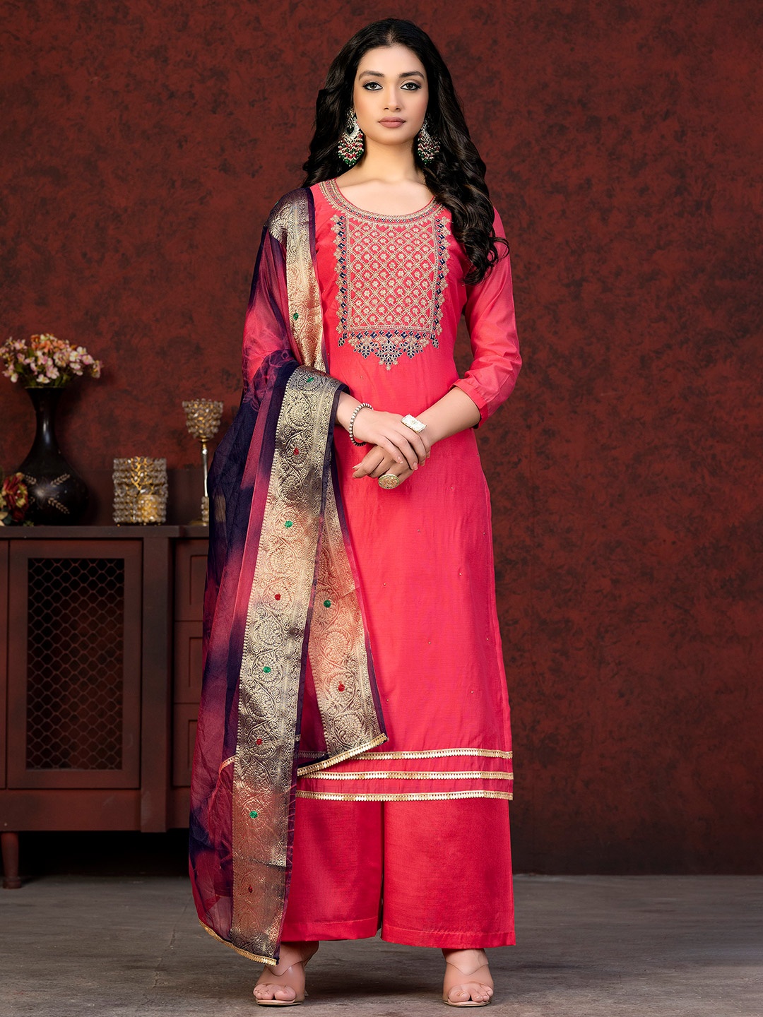 

KALINI Floral Embroidered Unstitched Dress Material, Red