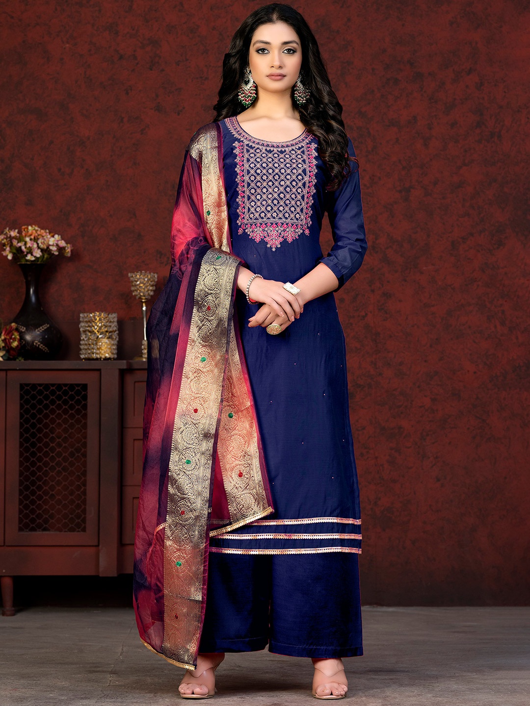 

KALINI Ethnic Motifs Embroidered Unstitched Dress Material, Navy blue