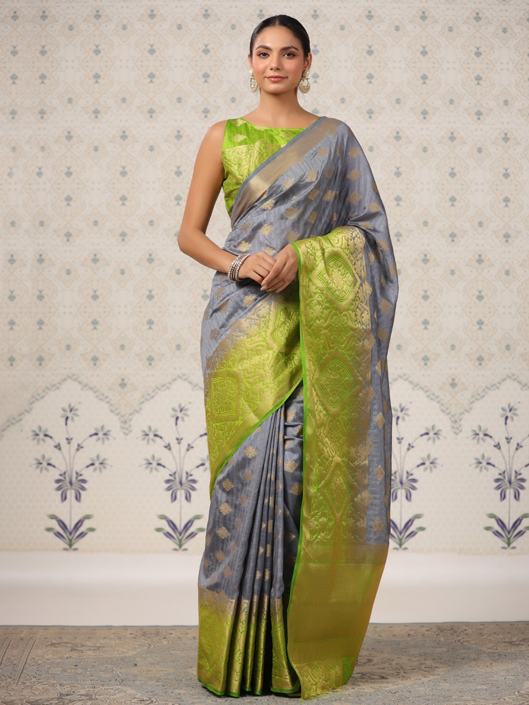 

Ode by House of Pataudi Ethnic Motifs Woven Design Zari Kanjeevaram Saree, Grey