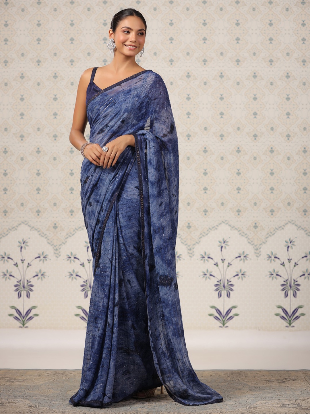 

Ode by House of Pataudi Tie and Dye Printed Poly Chiffon Saree, Blue