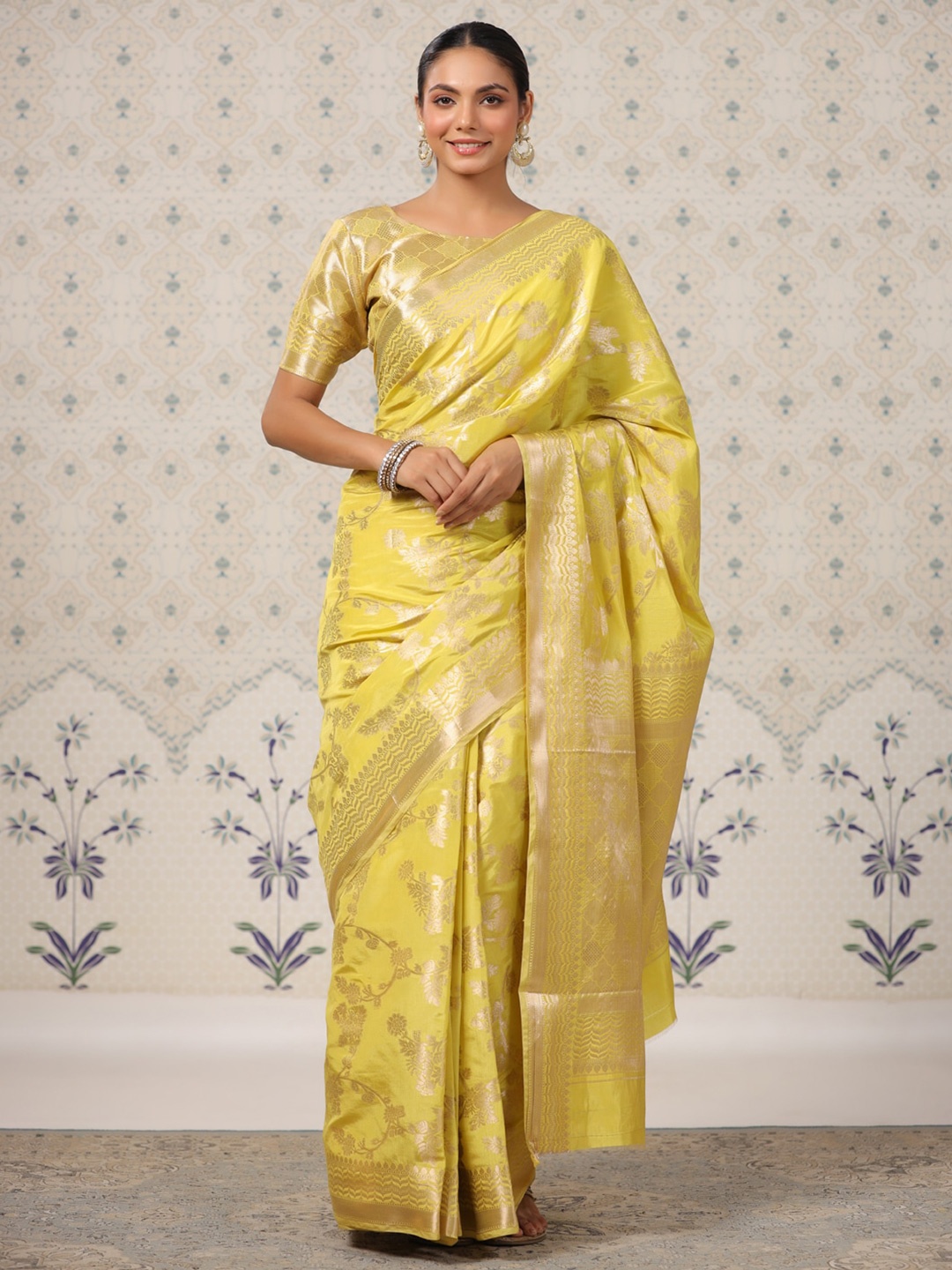 

Ode by House of Pataudi Woven Design Zari Silk Blend Banarasi Saree, Yellow