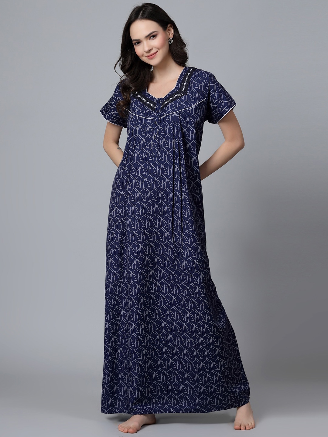 

Sweet Dreams Navy Blue Abstract Printed Maxi Nightdress