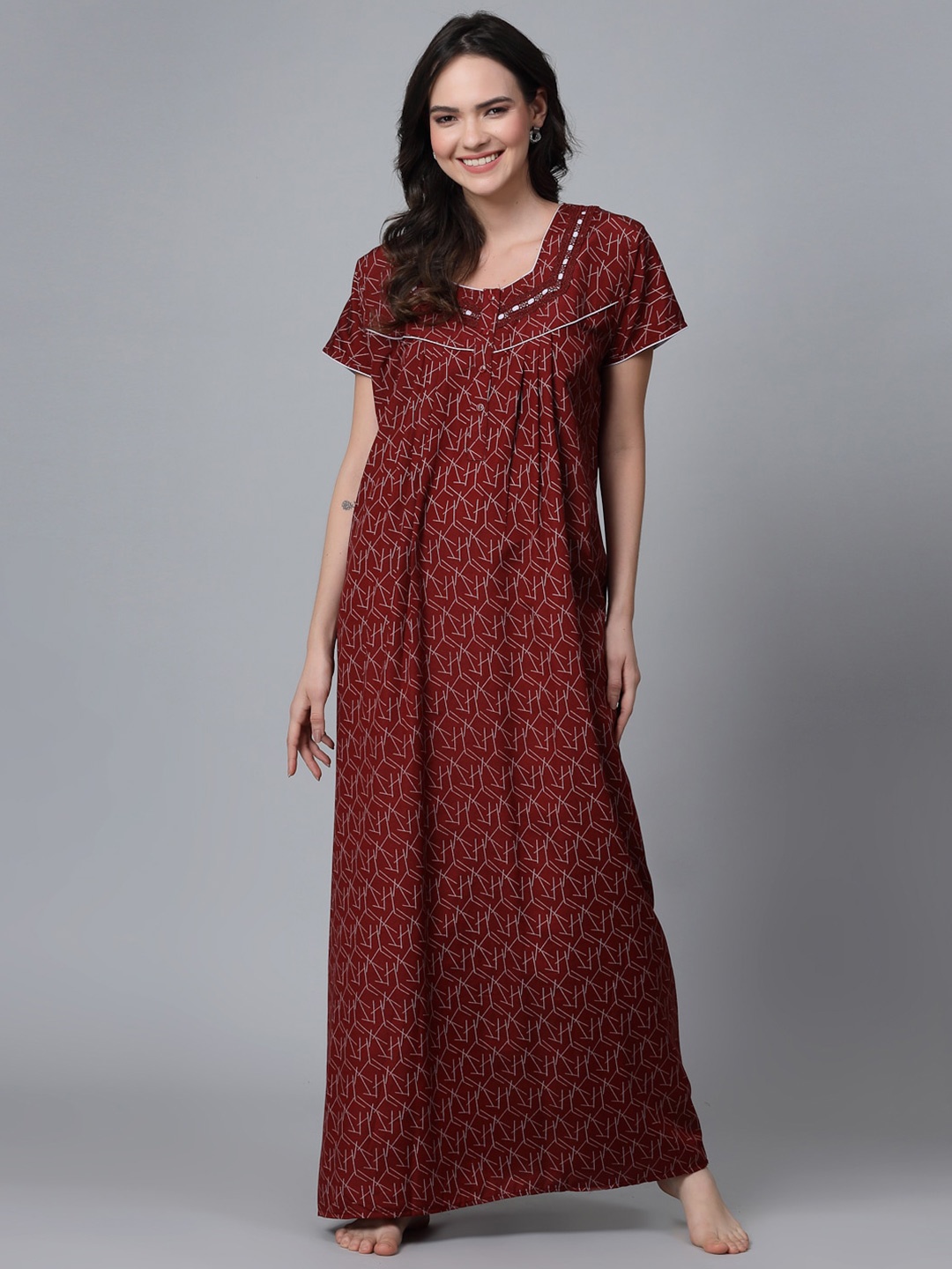 

Sweet Dreams Maroon Geometric Printed Maxi Nightdress