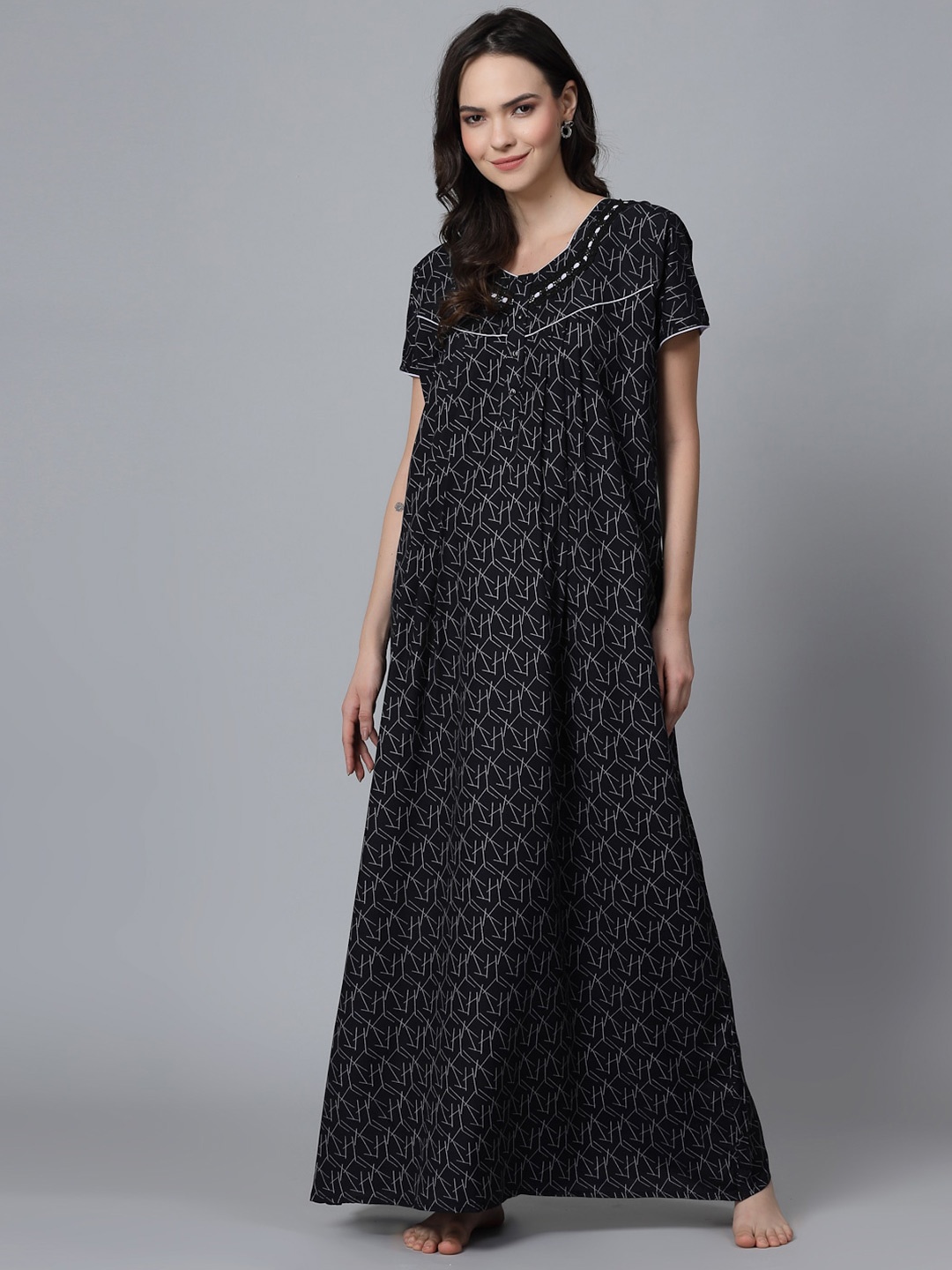 

Sweet Dreams Black Geometric Printed Maxi Nightdress