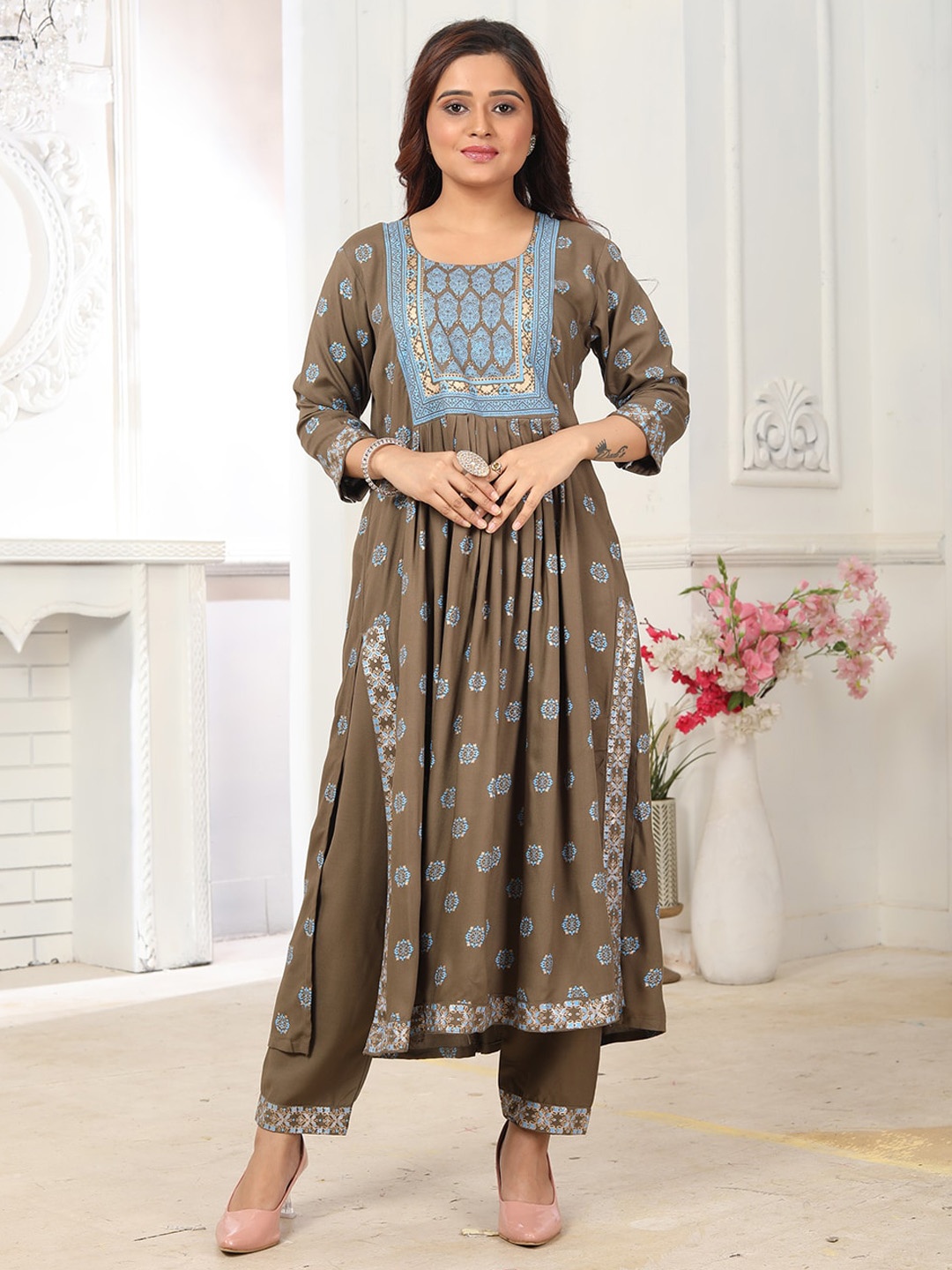 

KALINI Ethnic Motifs Printed A-Line Kurta with Trousers & With Dupatta, Grey