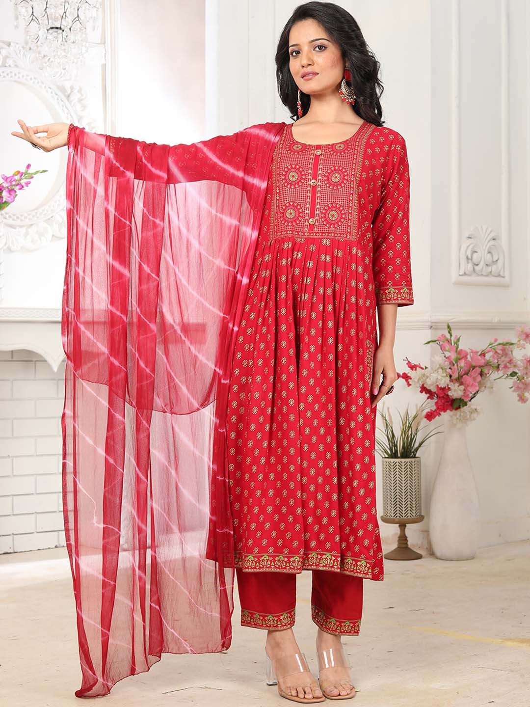 

KALINI Floral Printed A-Line Kurta & Trousers With Dupatta, Red