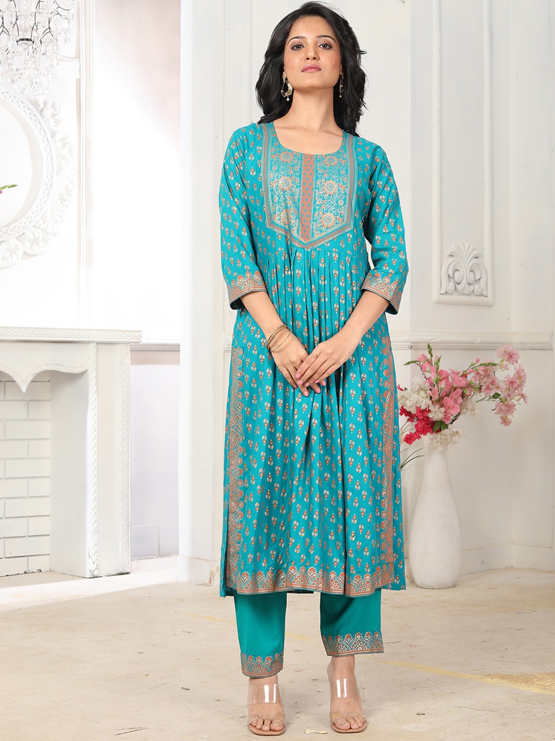 

KALINI Ethnic Motifs Printed Pleated A-Line Kurta With Trousers & Dupatta, Blue
