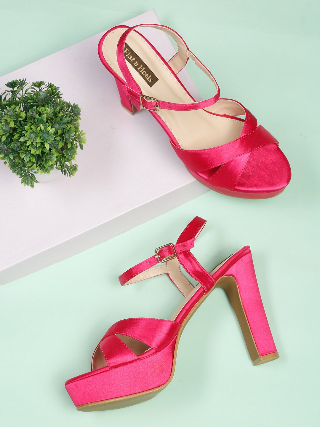 

Flat n Heels Cross Strap Platform Heels With Buckle Closure, Fuchsia