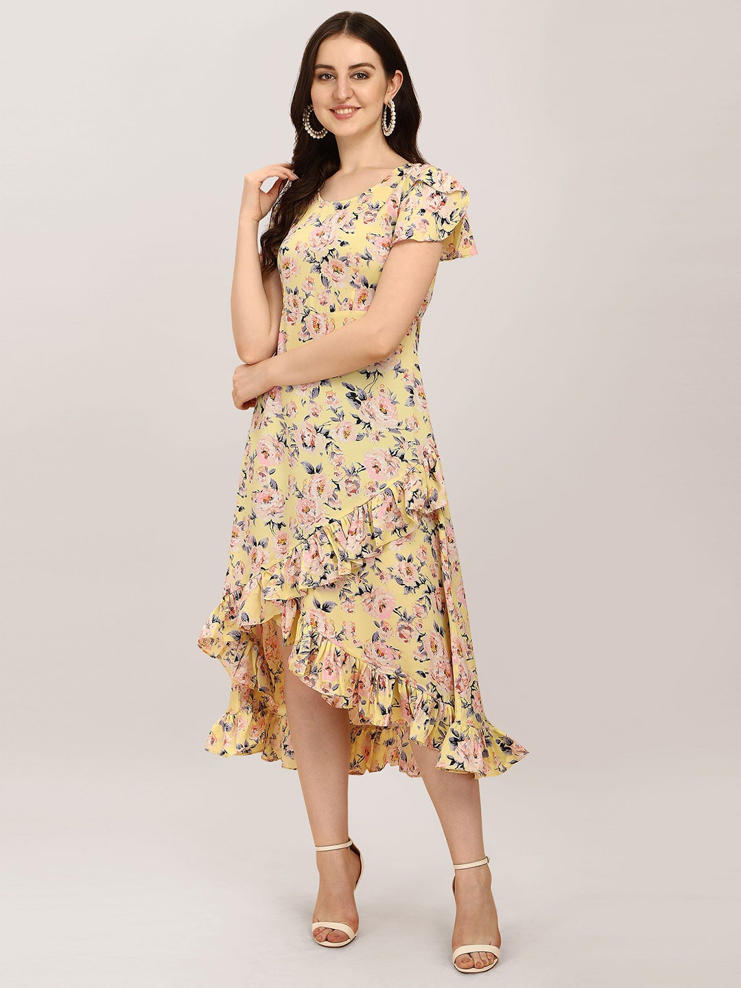

BAESD Floral Printed Round Neck Flutter Sleeve Ruffled A-Line Midi Dress, Yellow