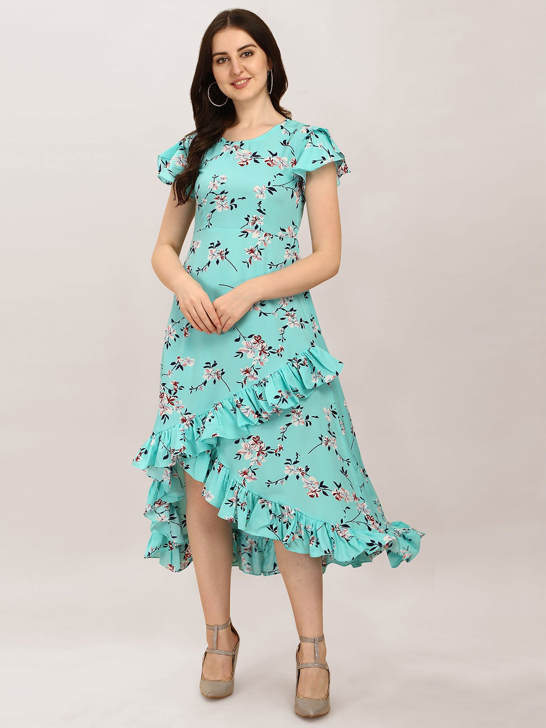 

BAESD Floral Printed Round Neck Flutter Sleeve Ruffled A-Line Midi Dress, Blue