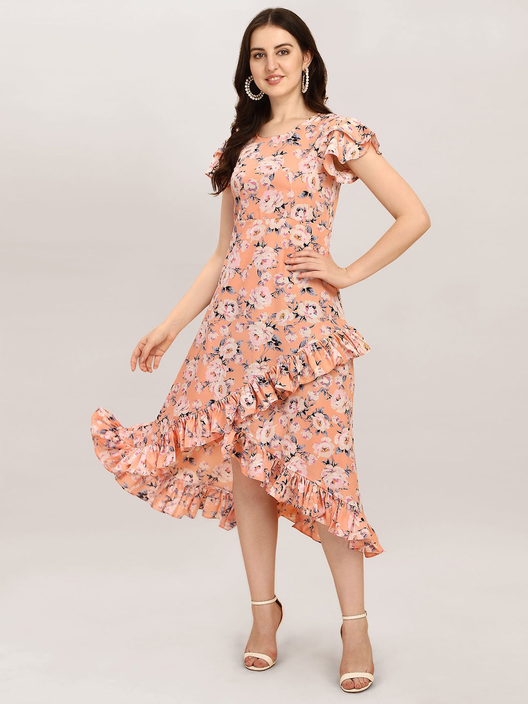 

BAESD Floral Printed Round Neck Flutter Sleeve Ruffled A-Line Midi Dress, Orange