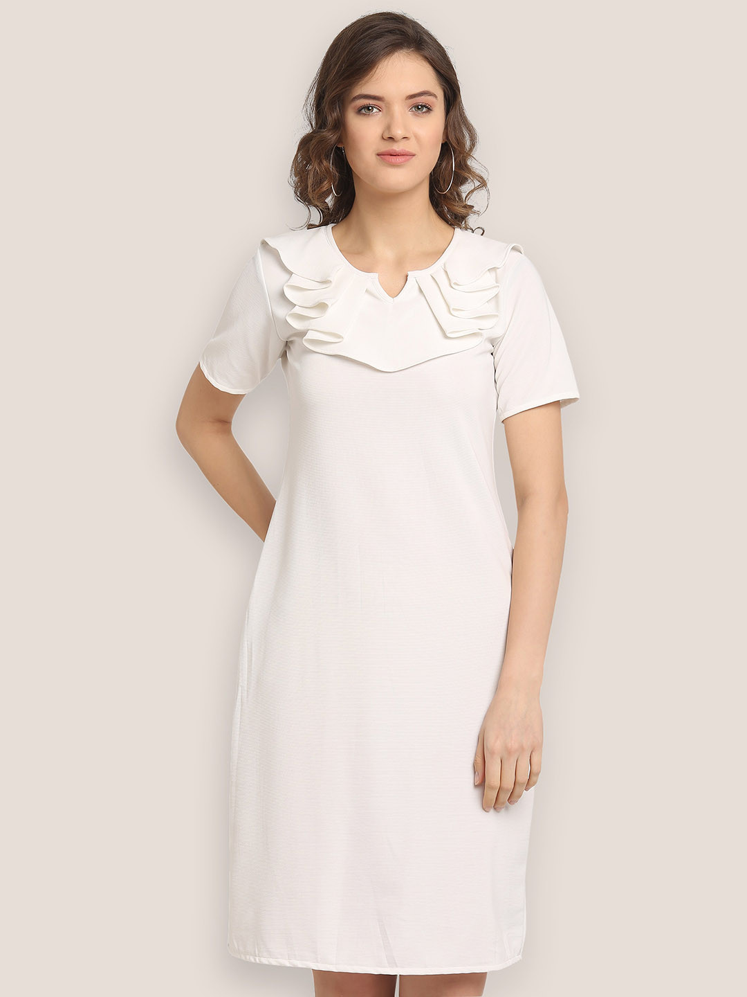 

BAESD Round Neck Ruffled A-Line Dress, White