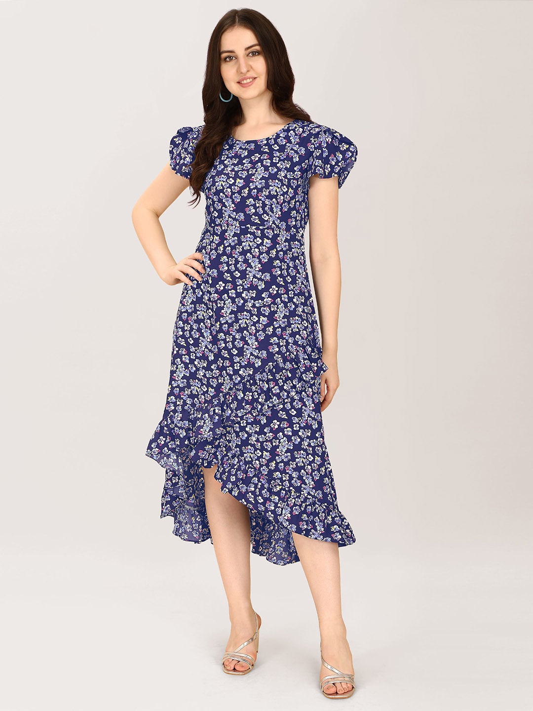 

BAESD Floral Printed Round Neck Flutter Sleeve Ruffled A-Line Midi Dress, Navy blue