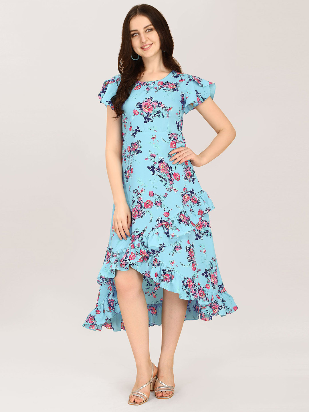 

BAESD Floral Printed Round Neck Flutter Sleeve Ruffled A-Line Midi Dress, Blue