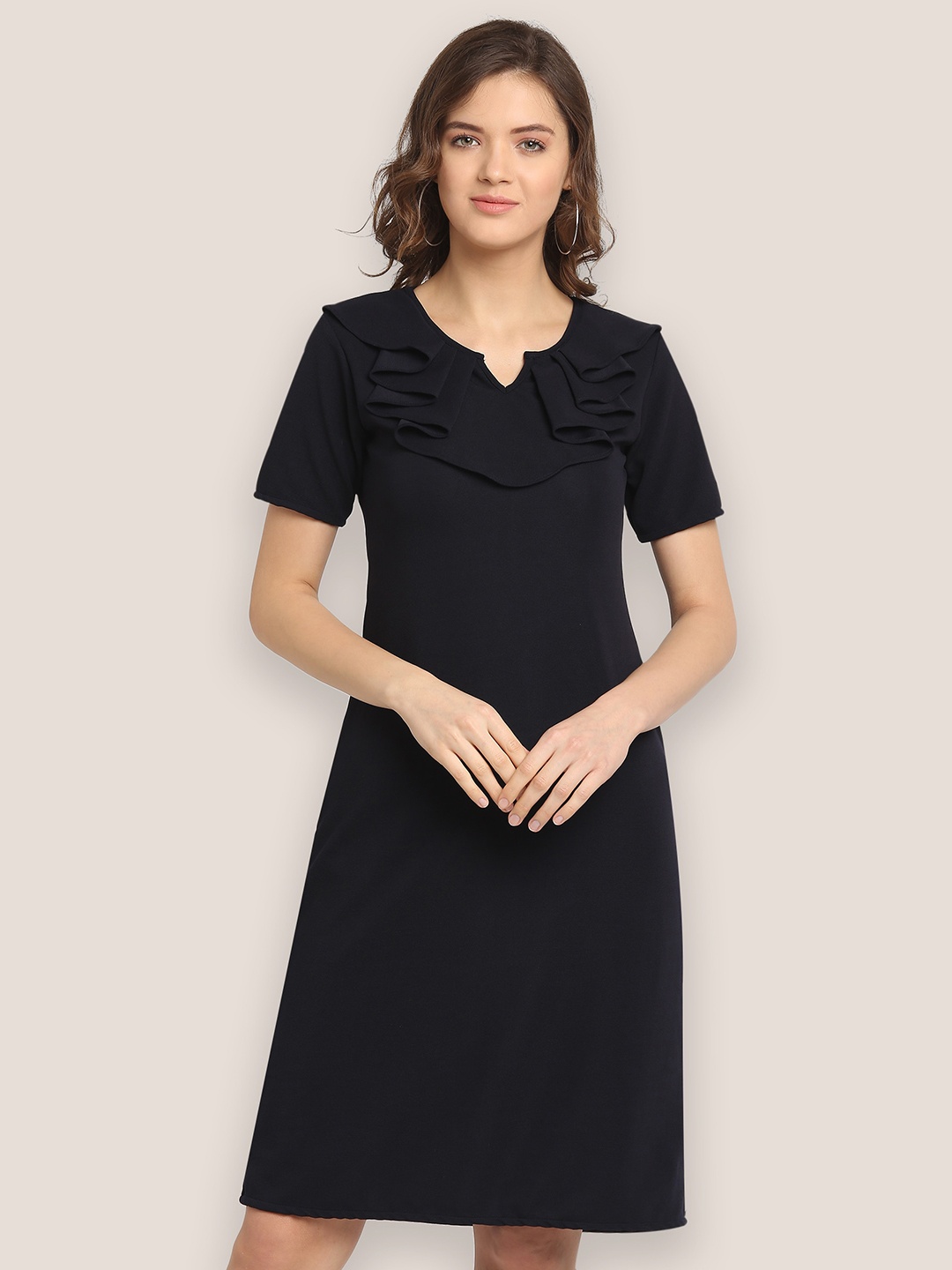 

BAESD Round Neck Ruffled A-Line Dress, Black