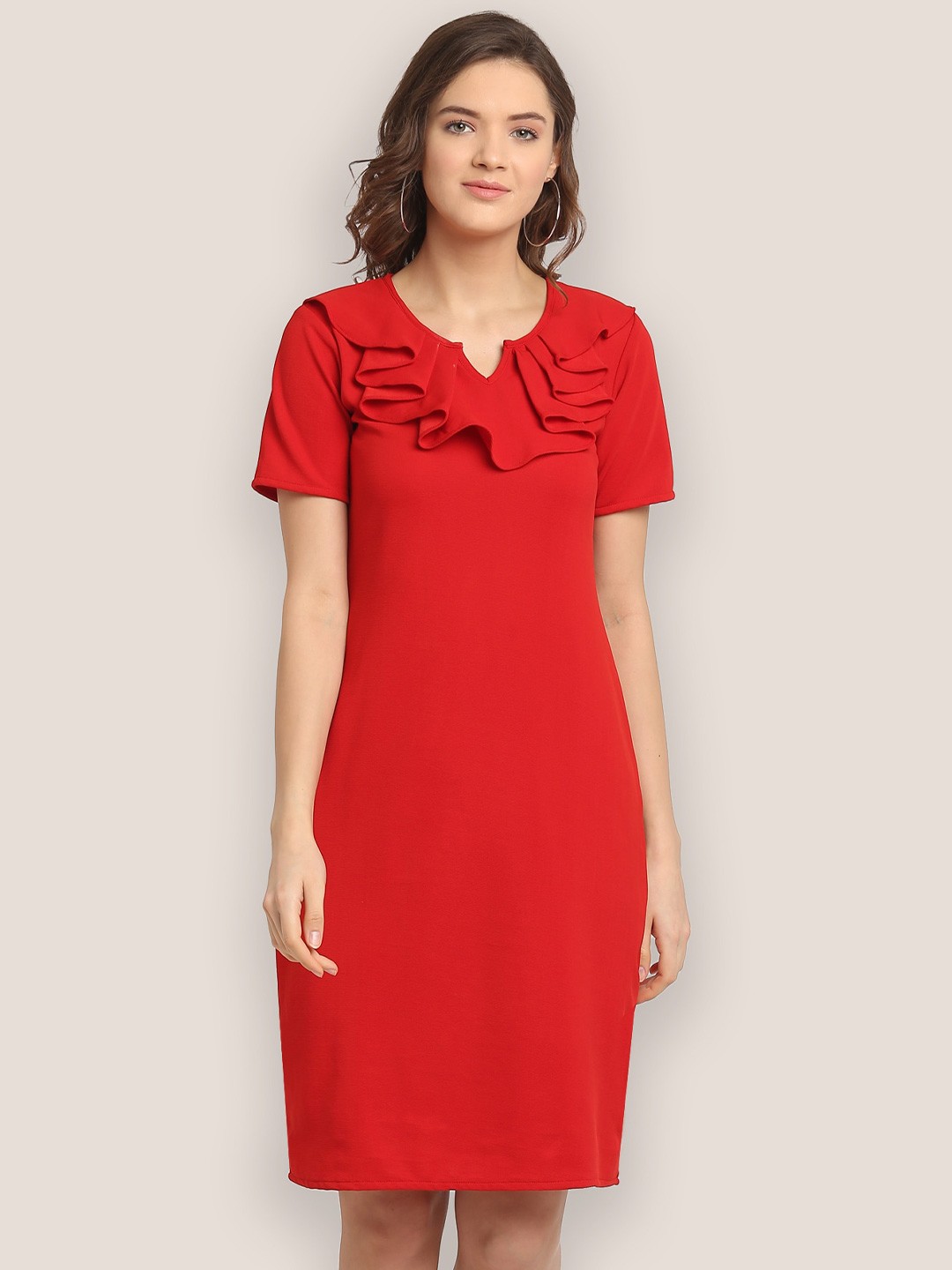 

BAESD V-Neck Ruffles Detail Sheath Dress, Red