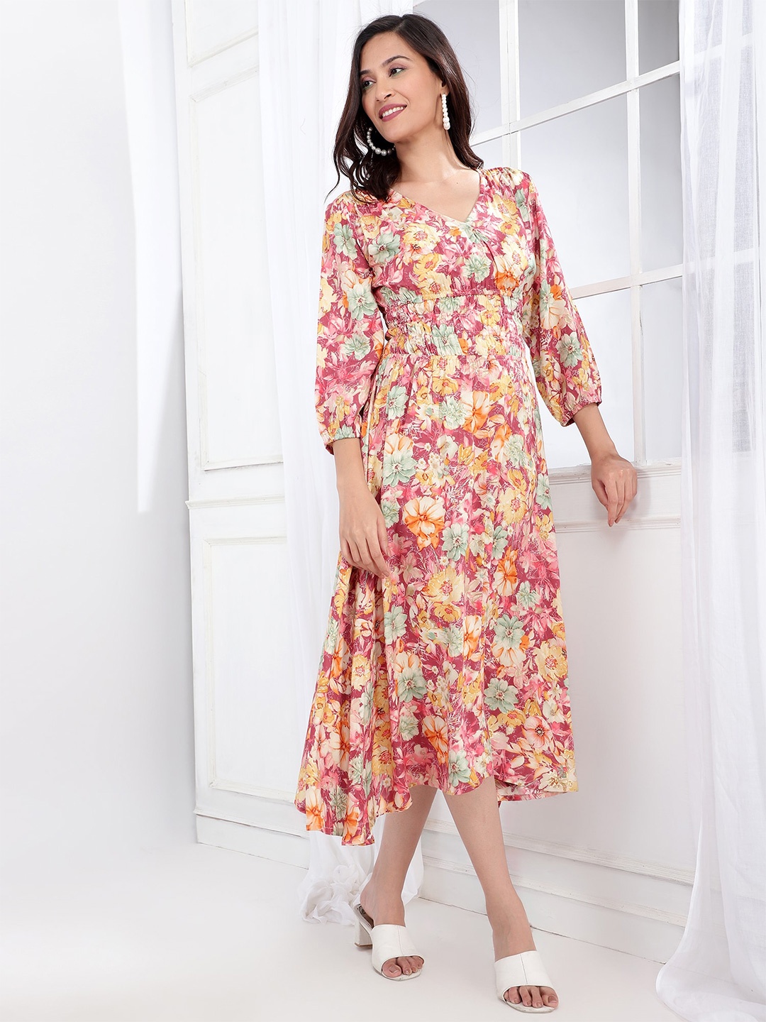 

Bani Women Floral Printed Cuffed Sleeves Smocked A-Line Midi Dress, Maroon