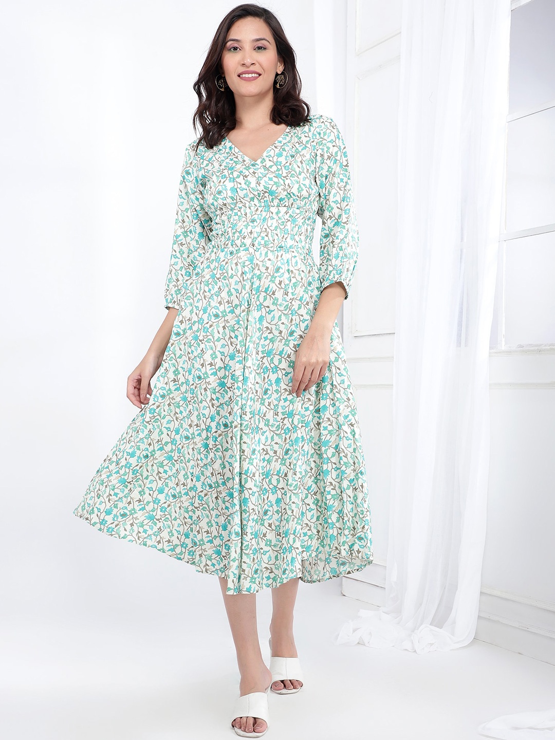 

Bani Women Floral Printed V-Neck Smocked A-Line Midi Dress, Green