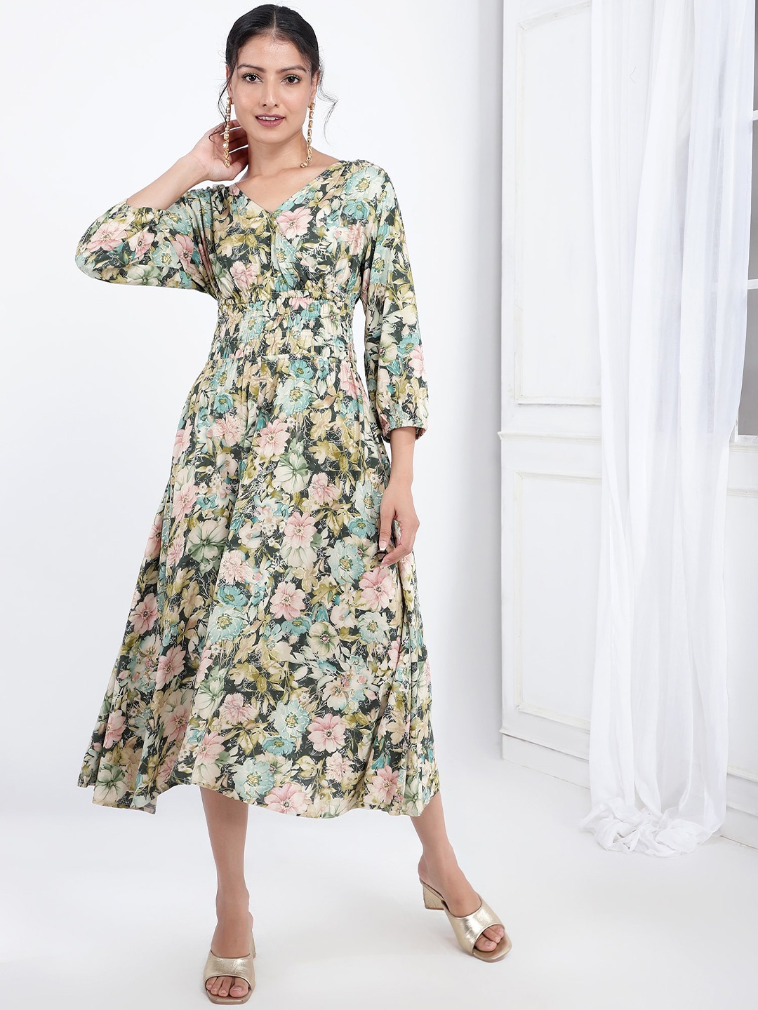 

Bani Floral Printed V-Neck Smocked A-Line Midi Dress, Green