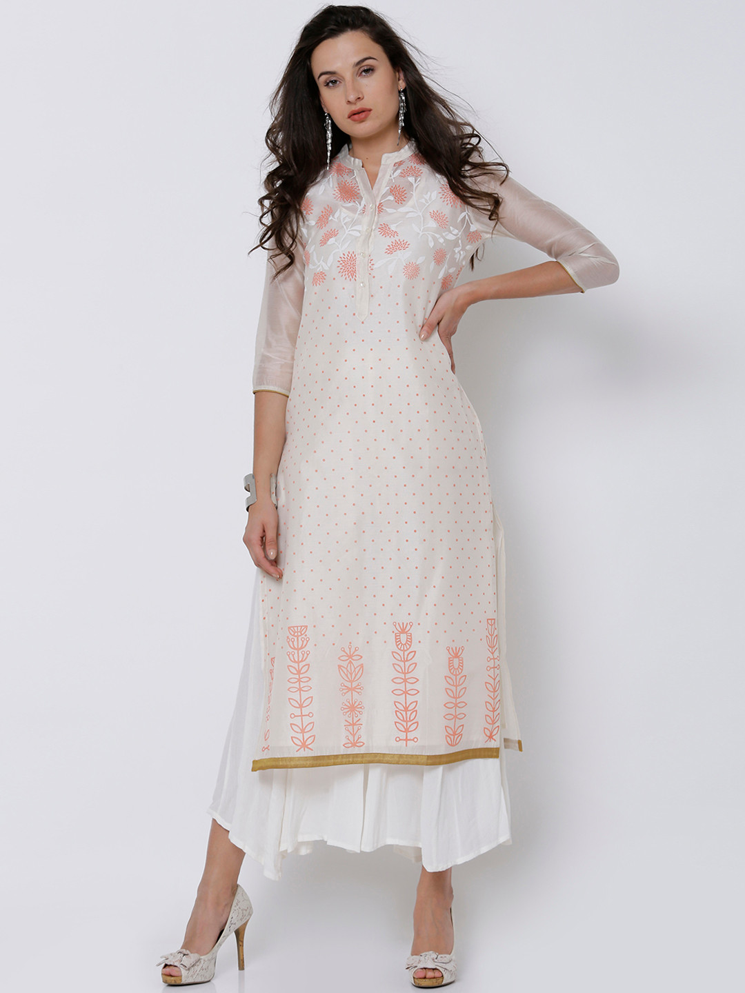 

Vishudh Women Cream-Coloured & Pink Printed Straight Kurta